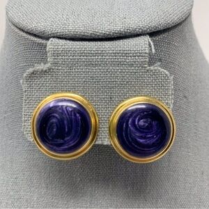 Vintage Purple Swirl Gold Tone Rimmed Circular Dome Stud Earrings
